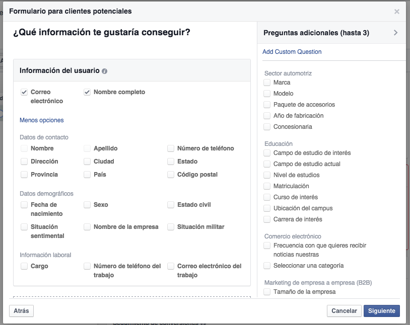 seleccion de campos del formulario integrado en facebook ads